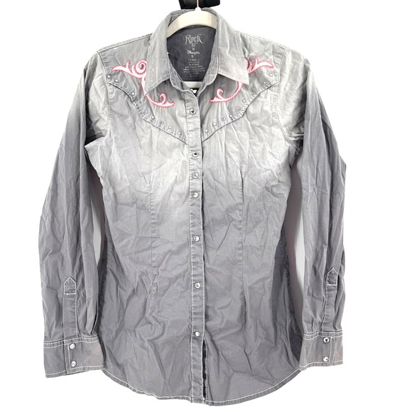 Rock 47 Western Pearl Snap Shirt Women's Small Gray Ombre Embroidered‎ Cowgirl - Picture 1 of 9